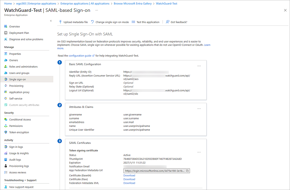 Screenshot of Microsoft Entra ID, download federation metadata url